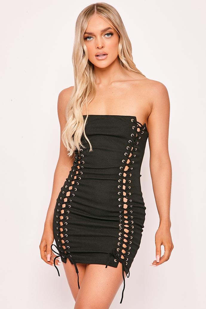 Morgan - Black Strapless Lace Up Dress