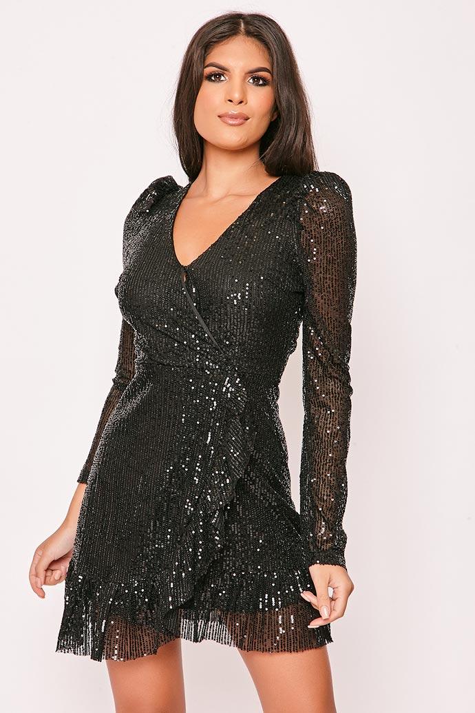 Sapphire - Black Sequin Frill Hem Wrap Mini Dress