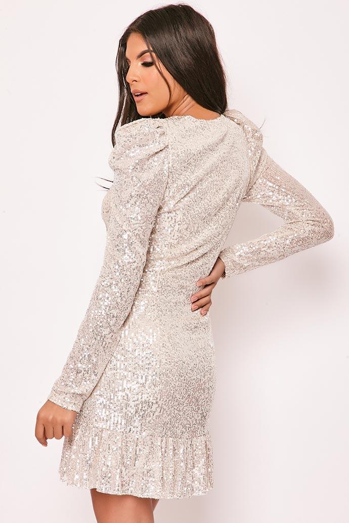 Sapphire - Silver Sequin Frill Hem Wrap Mini Dress