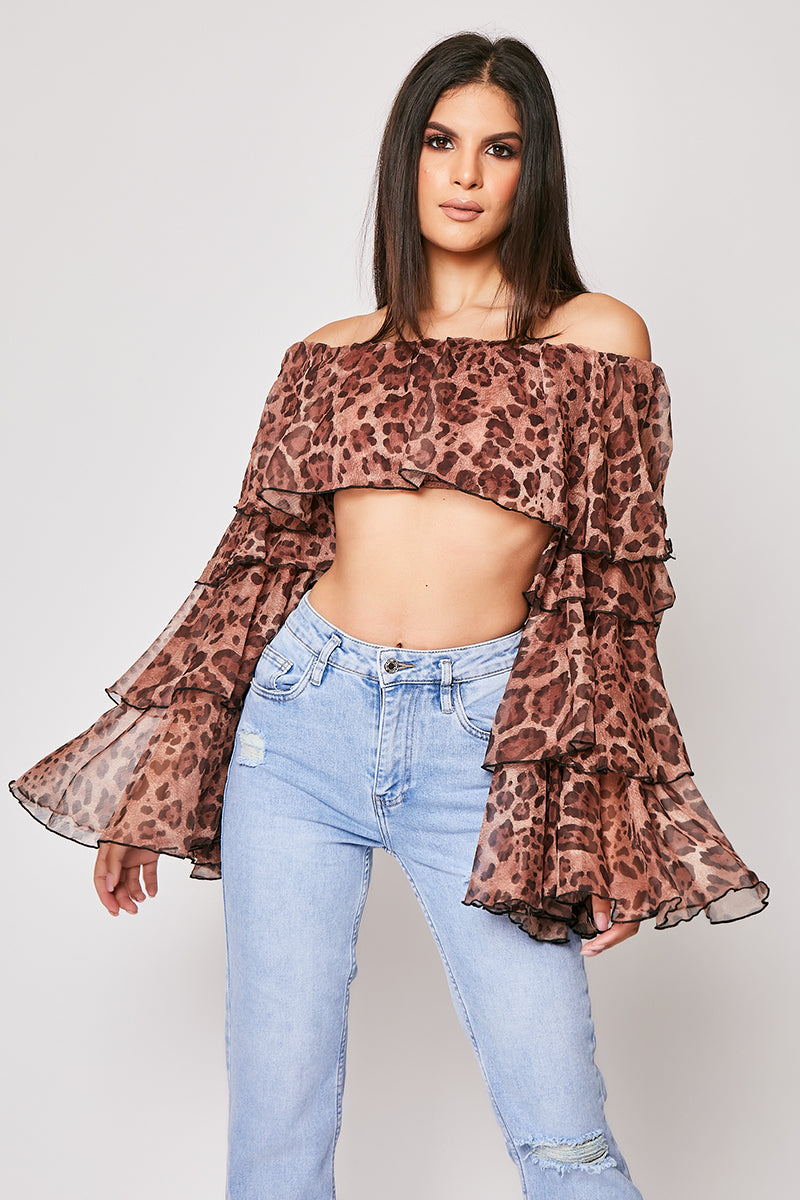 Mira - Leopard Print Chiffon Layered Off The Shoulder Top