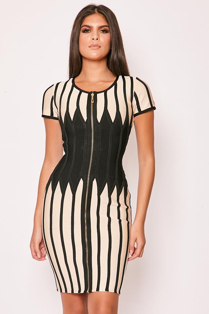 Pompeii - Nude & Black Capped Sleeve Bandage Dress 