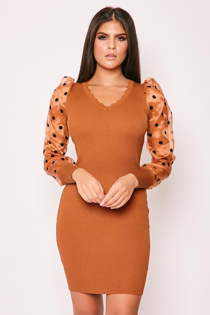 Ryenne - Rust Polka Dot Sheer Sleeve Ribbed Jumper Dress