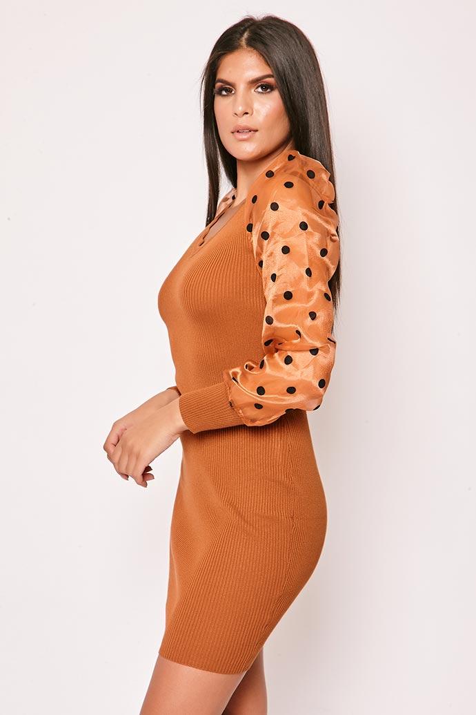 Ryenne - Rust Polka Dot Sheer Sleeve Ribbed Jumper Dress