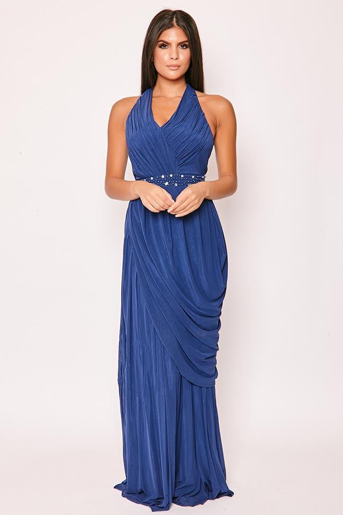 Apollo - Navy Halterneck Draped Evening Dress 