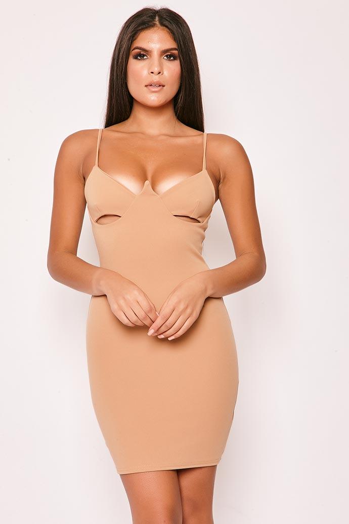 Rita - Tan Plunge Cut Out Bodycon Dress