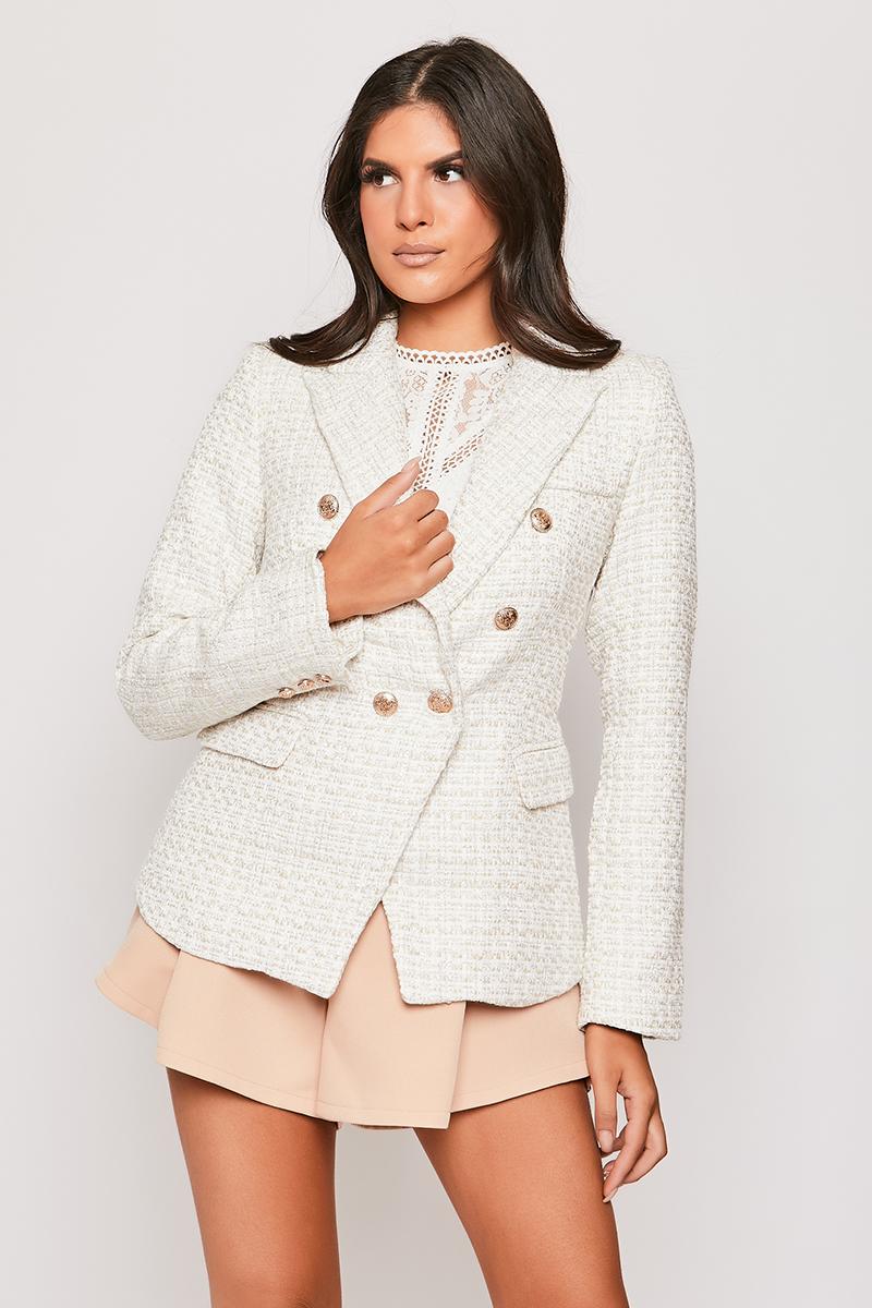 Claudette - Nude & White Contrast Knit Thread Gold Button Blazer