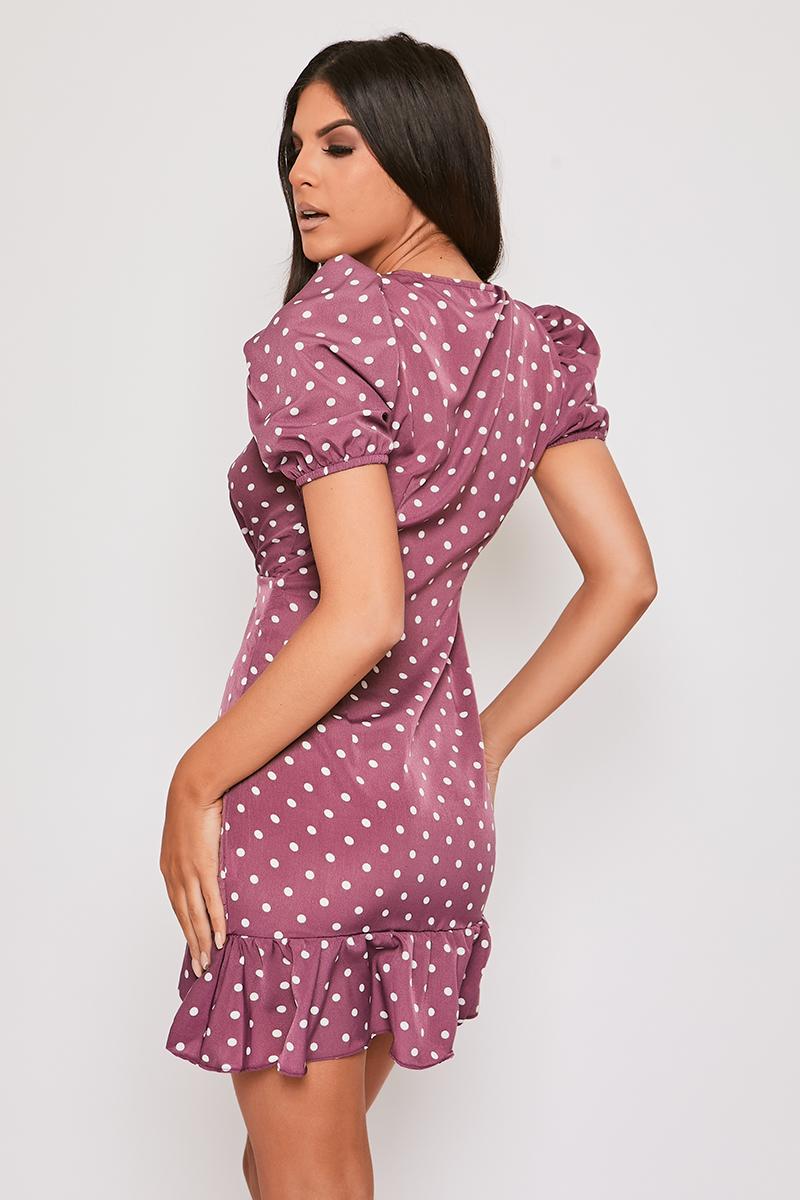 Anjelica - Mauve Polka Dot Puff Sleeve Mini Dress