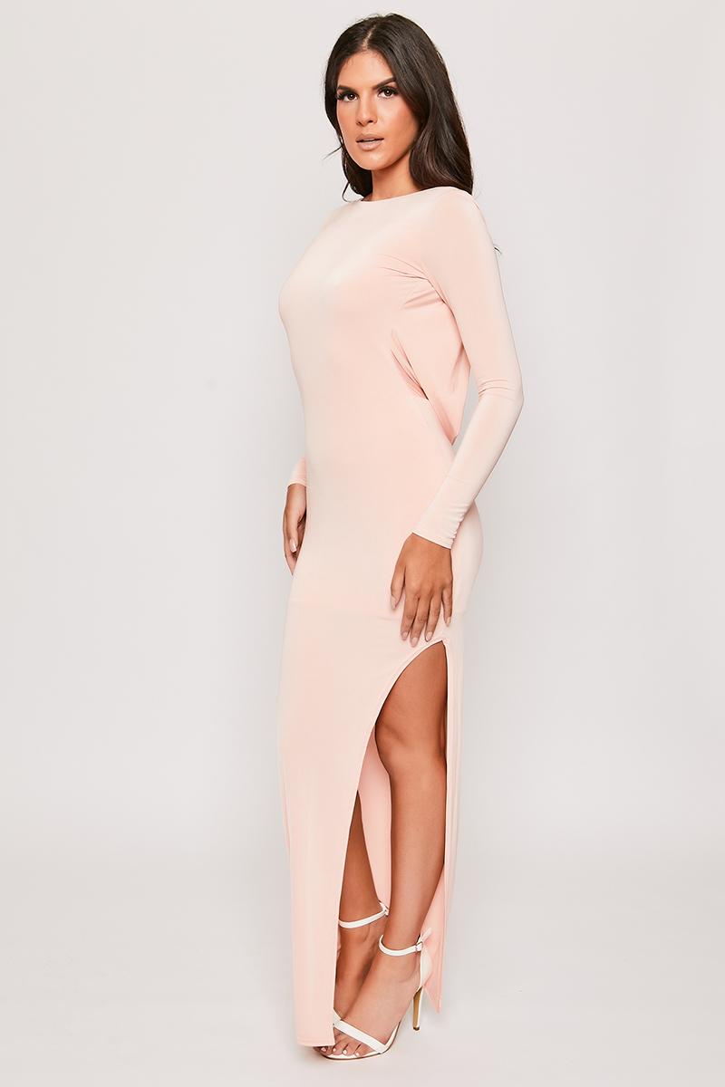 Ophelia - Pink Long Sleeve Open Back Evening Dress