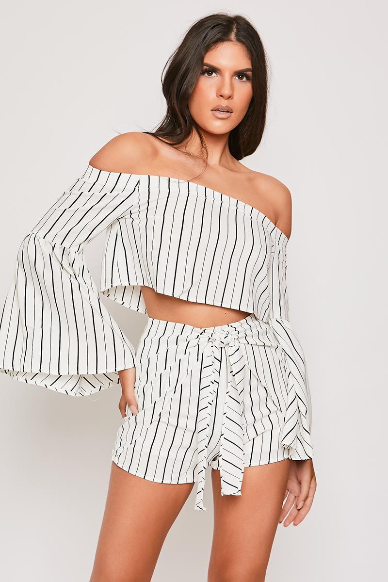 Harriet - White & Black Stripe Off The Shoulder Two Piece Set