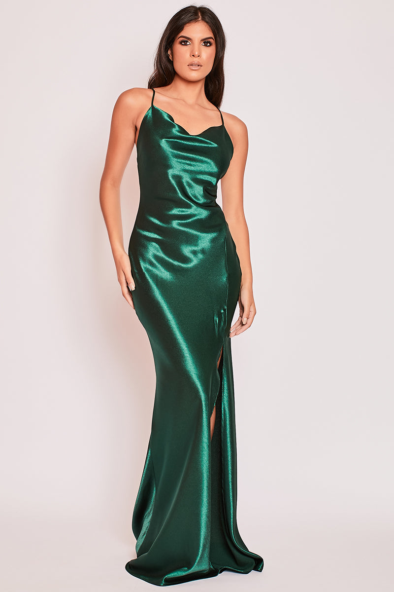 Aurora - Green Satin Backless Cowl Neck Evening Dress | Evening Dresses | Miss G Couture Aurora - Green Satin Backless Cowl Neck Evening Dress | Evening Dresses | Miss G Couture