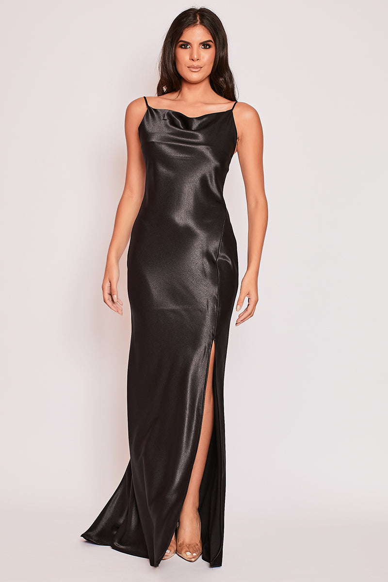 Aurora - Black Satin Backless Cowl Neck Evening Dress