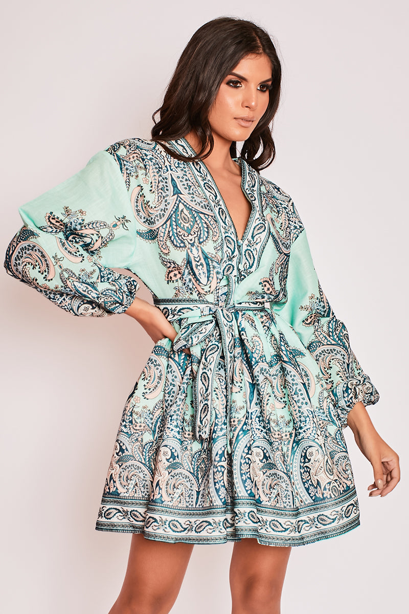 Marquis - Green Paisley Belted Flare Mini Dress