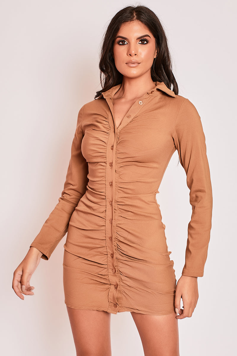 Erica - Tan Long Sleeve Ruched Shirt Dress