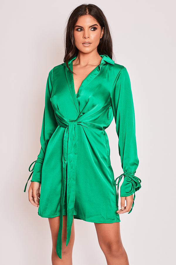 Mae - Green Satin Tie Front Shirt Dress