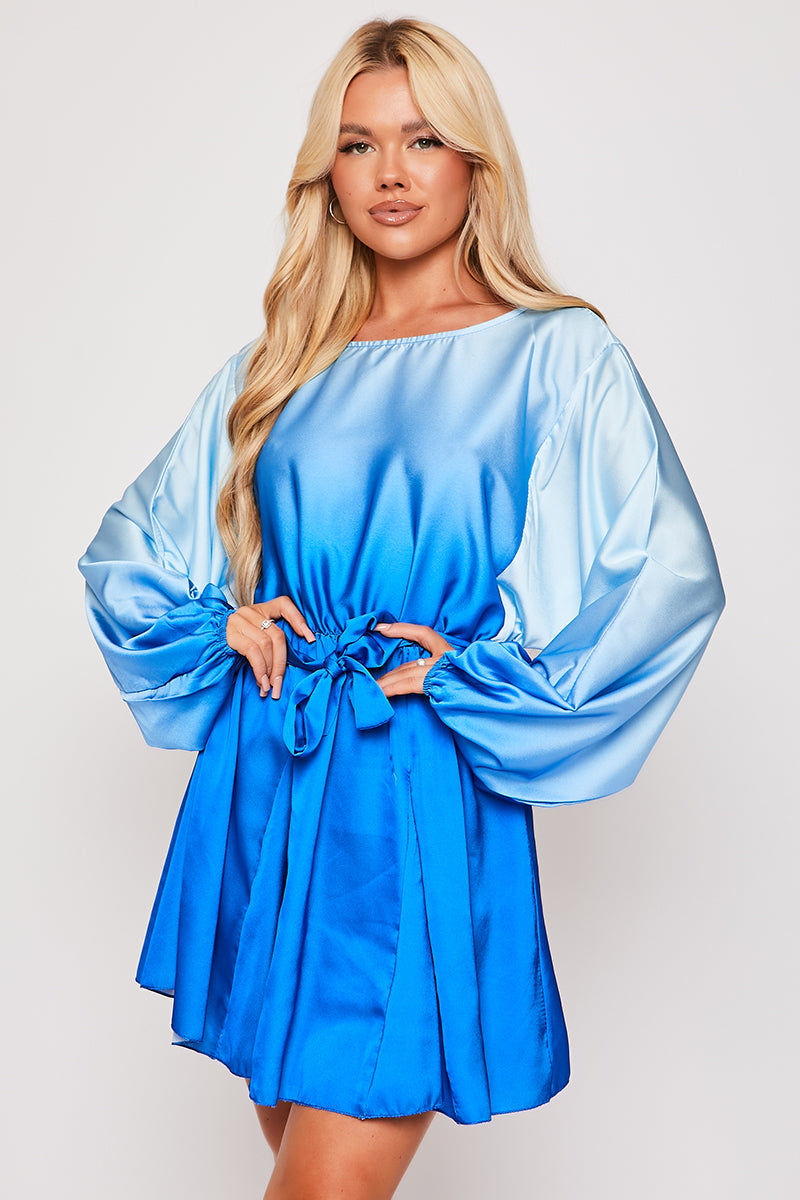 Penelope - Blue Two Tone Satin Long Sleeve Mini Dress Miss G Couture Penelope - Blue Two Tone Satin Long Sleeve Mini Dress Miss G Couture