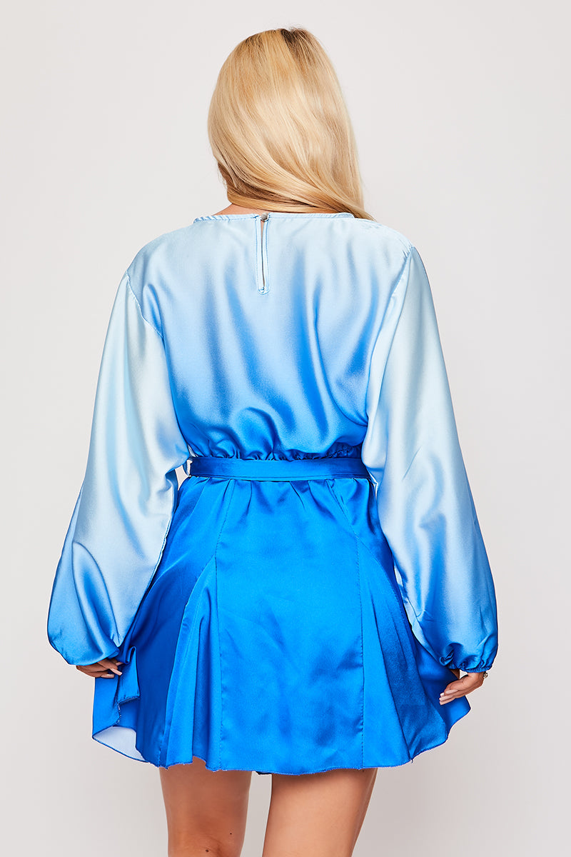 Penelope - Blue Two Tone Satin Long Sleeve Mini Dress