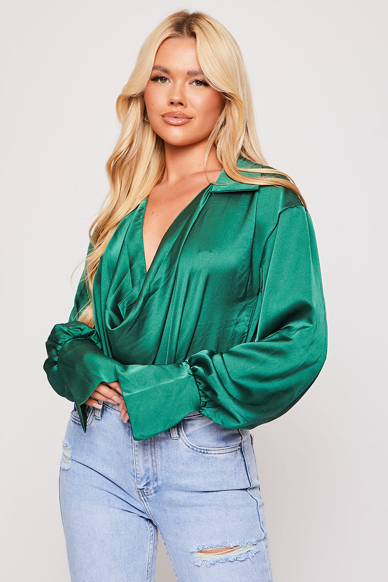 Paige - Green Satin Cowl Neck Blouse