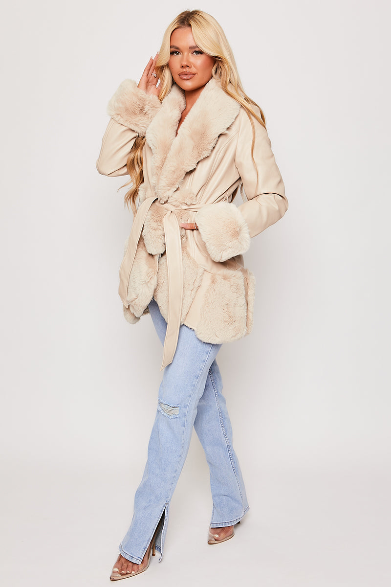 Valentina - Nude Faux Fur Trim Belted Coat