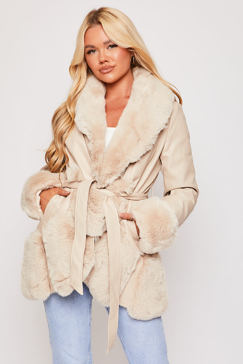 Valentina - Nude Faux Fur Trim Belted Coat