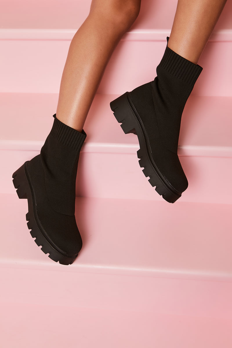 Winnie - Black Chunky Sock Ankle Boots