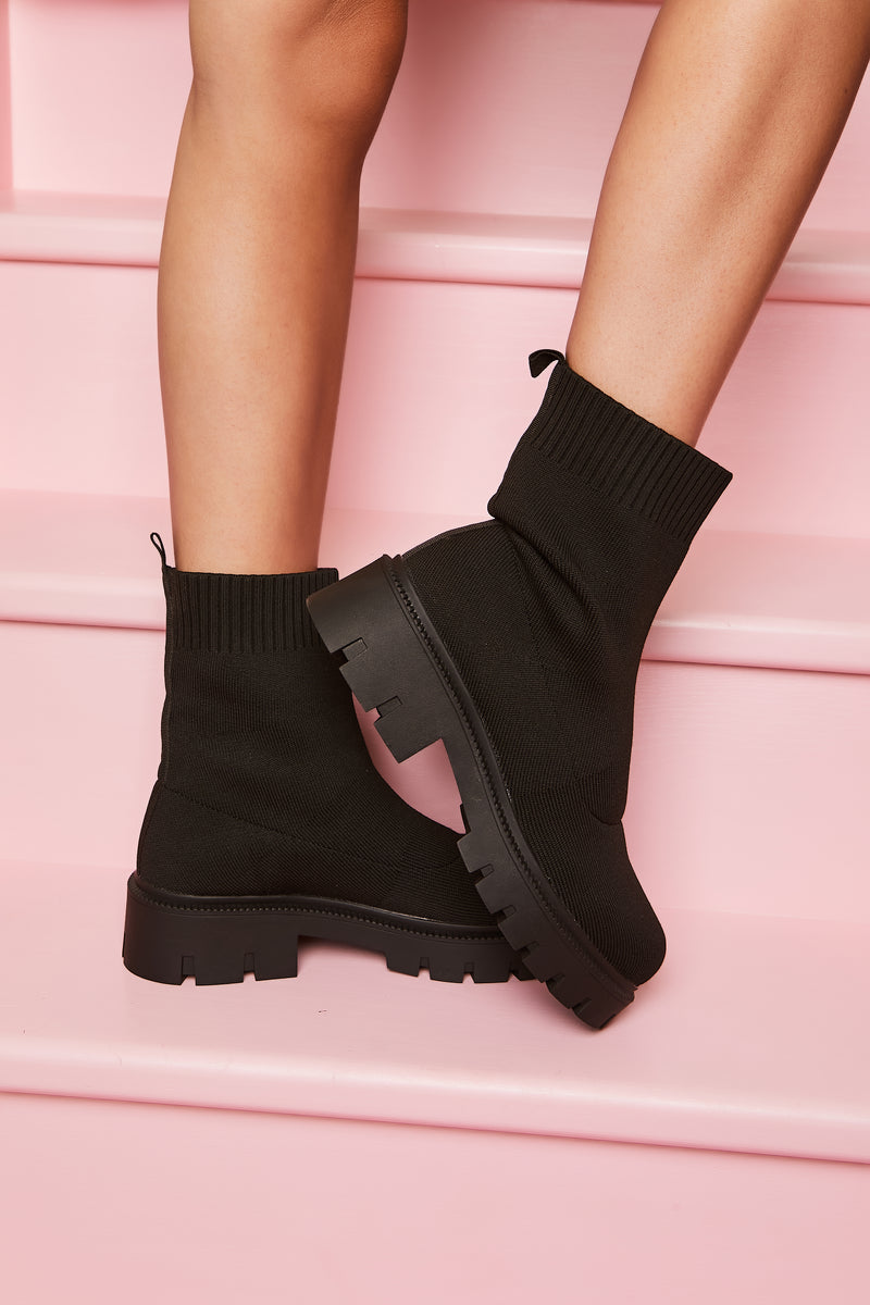 Winnie - Black Chunky Sock Ankle Boots