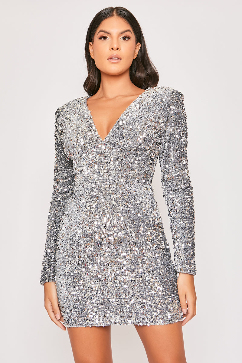 Callie - Silver Sequin Long Sleeve Bodycon Dress