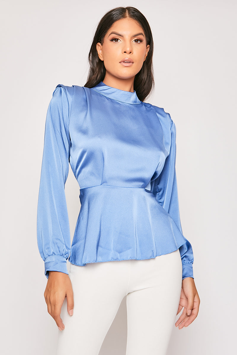 Abigayle - Blue Satin High Neck Peplum Top