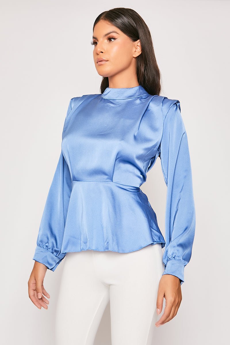 Abigayle - Blue Satin High Neck Peplum Top