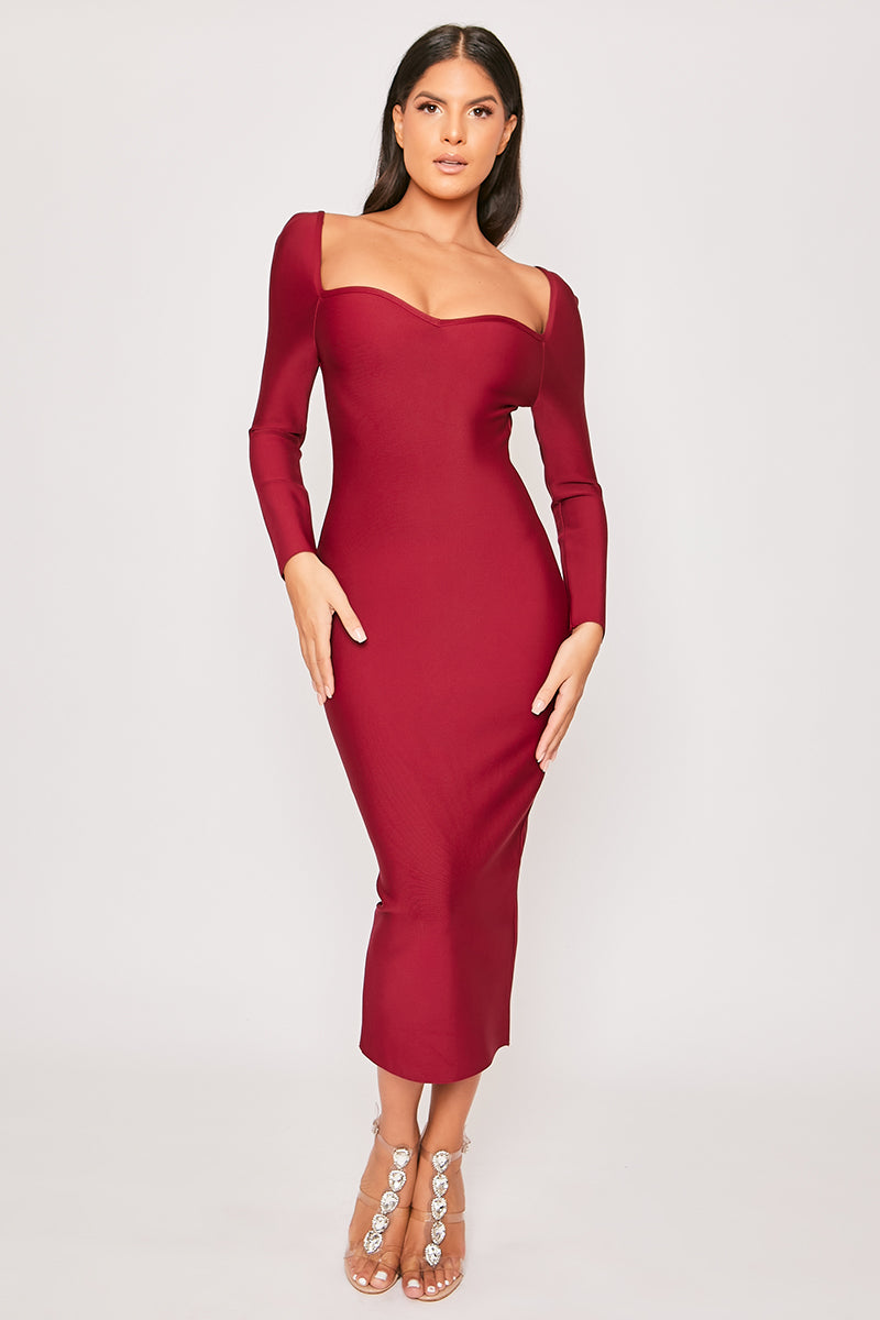 Farah - Wine Long Sleeve Bandage Midi Dress