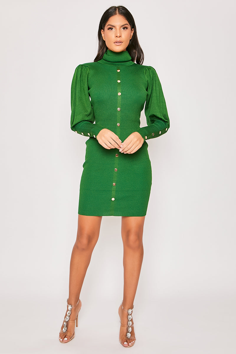 Florentine - Green Gold Button Roll Neck Jumper Dress Miss G Couture Florentine - Green Gold Button Roll Neck Jumper Dress Miss G Couture