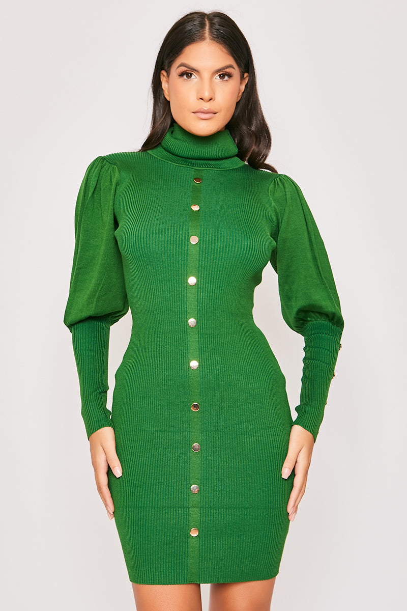 Florentine - Green Gold Button Roll Neck Jumper Dress Miss G Couture Florentine - Green Gold Button Roll Neck Jumper Dress Miss G Couture