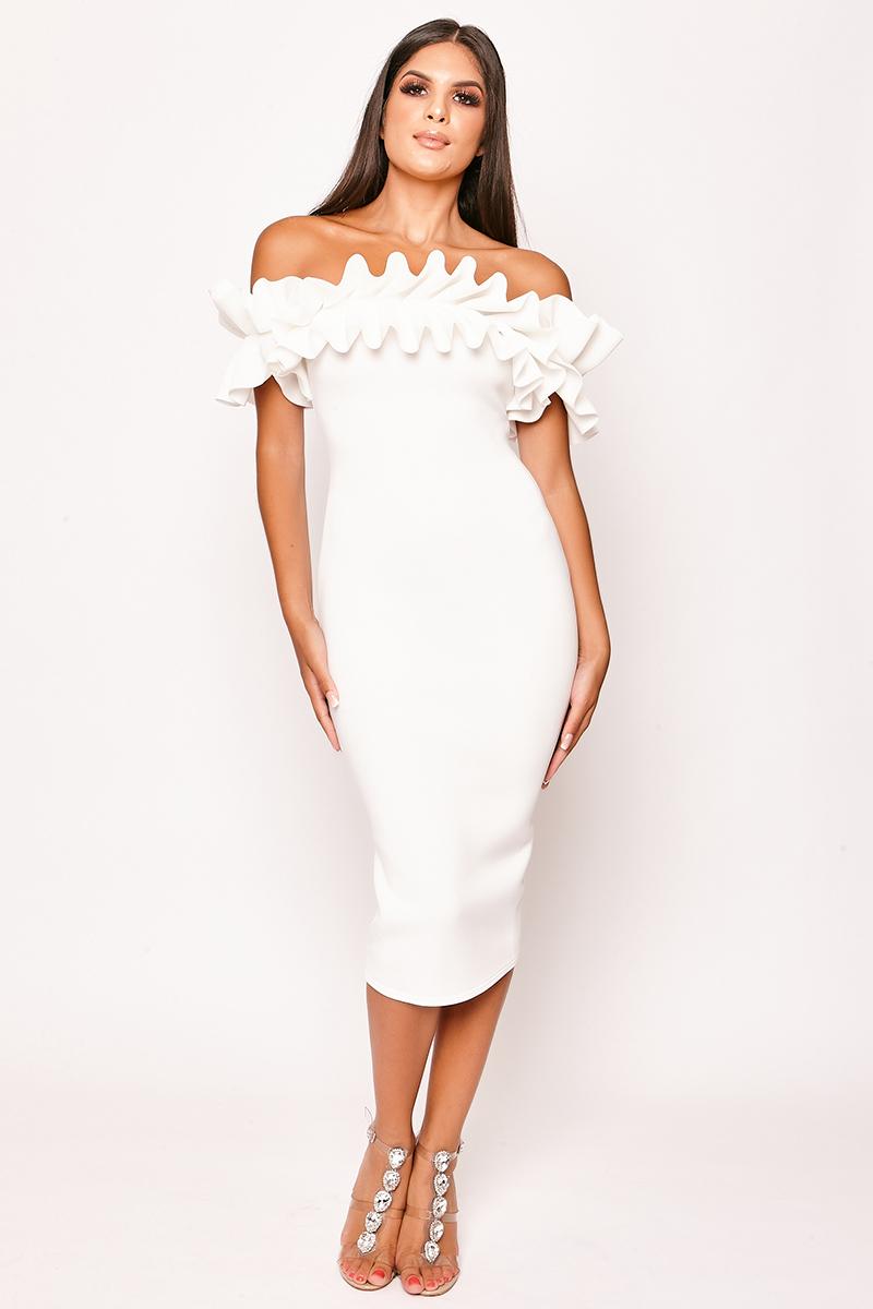 Laurica - White Bardot Extreme Frill Bodycon Scuba Midi Dress