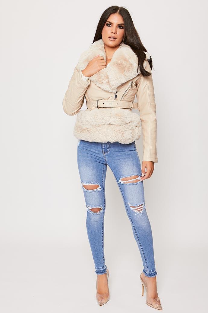 Ryleigh - Cream Faux Fur Leather Trim Biker Jacket 