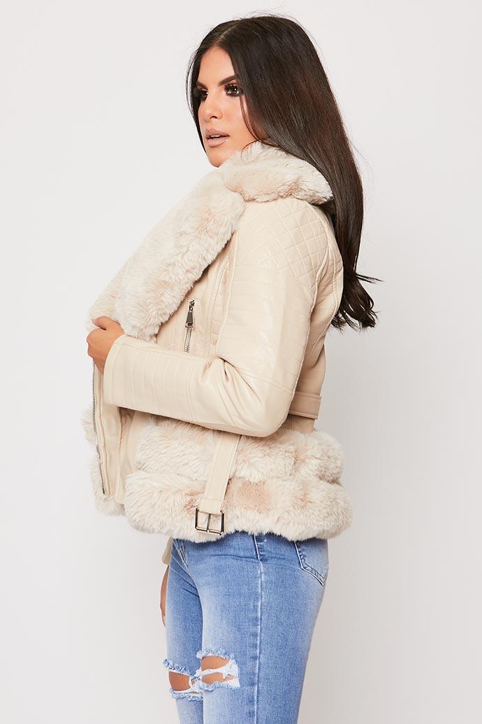 Ryleigh - Cream Faux Fur Leather Trim Biker Jacket