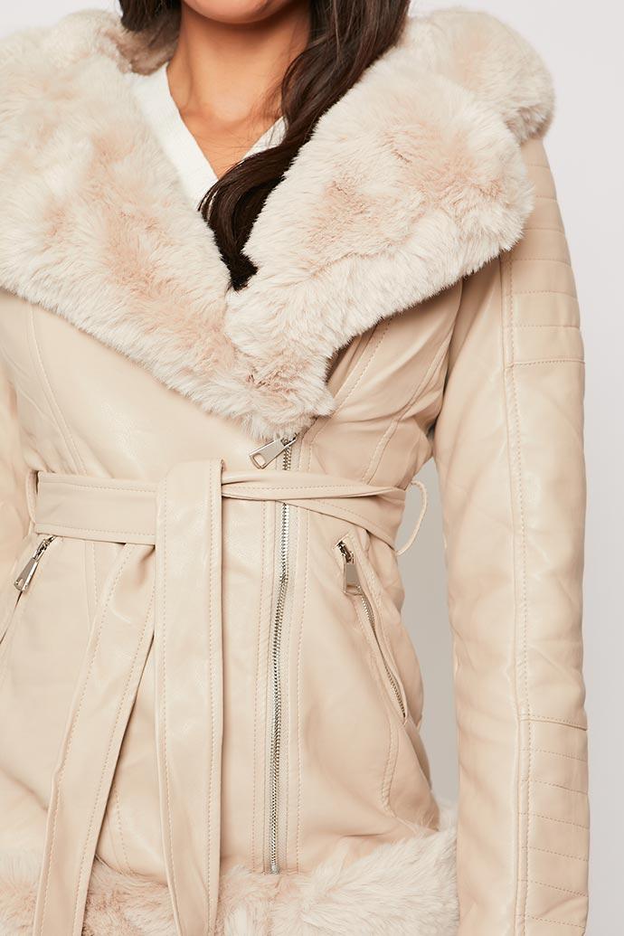 Londyn - Cream Faux Fur Hooded Aviator Coat