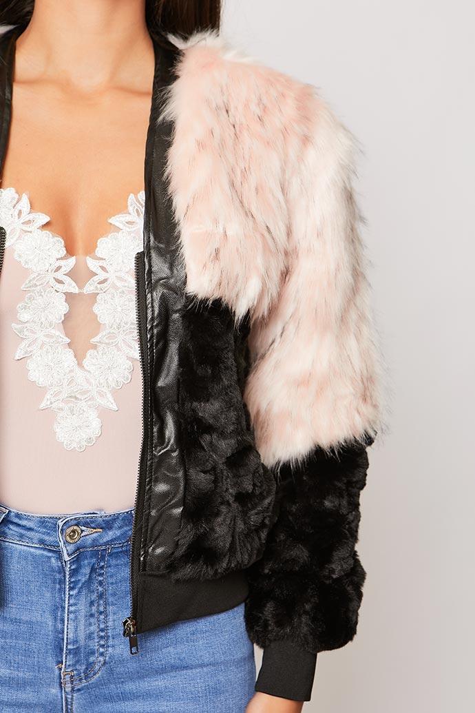 Laynie - Rose & Black Faux Fur With Fleece Zip Up Jacket