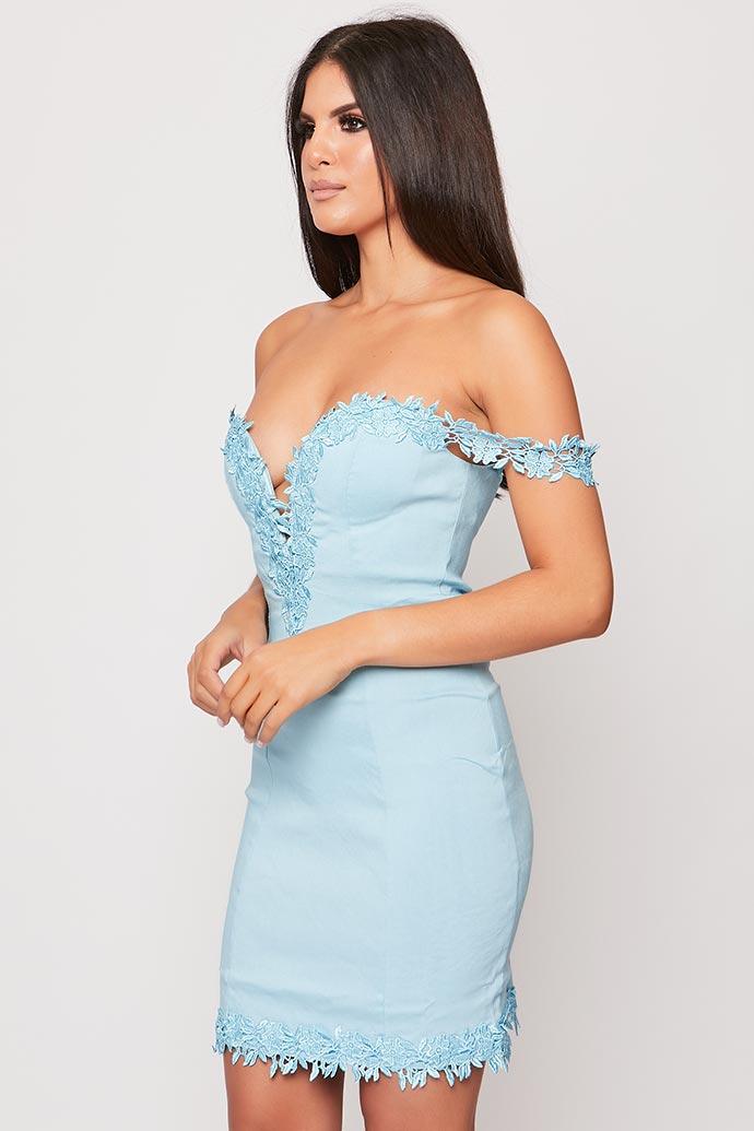 Lili - Baby Blue Lace Off The Shoulder Bodycon Dress