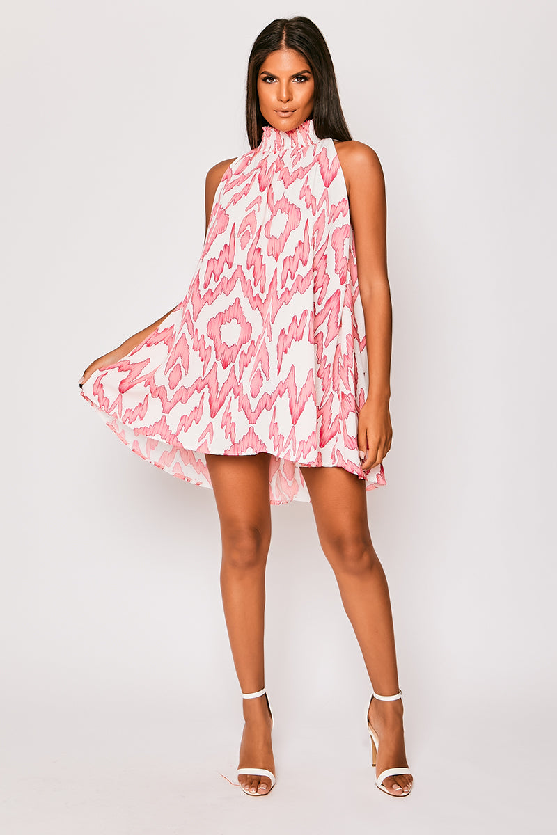 Opal - White & Pink Printed High Neck Mini Dress