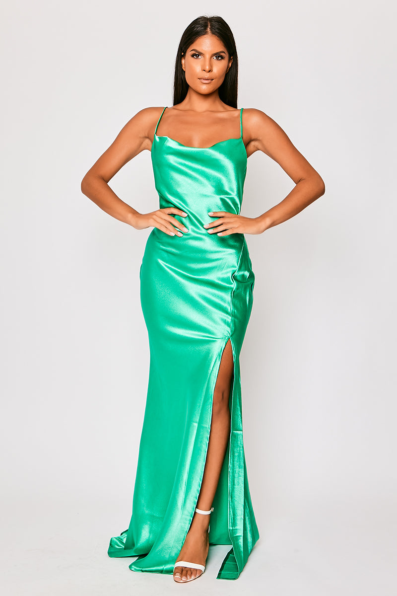 Aurora - Green Satin Backless Cowl Neck Evening Dress Aurora - Green Satin Backless Cowl Neck Evening Dress