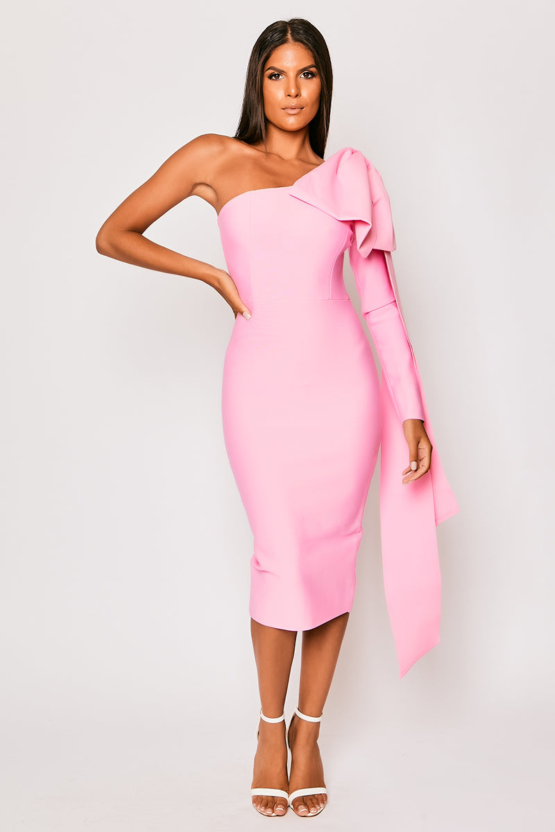 Mariella - Pink One Shoulder Bandage Midi Dress