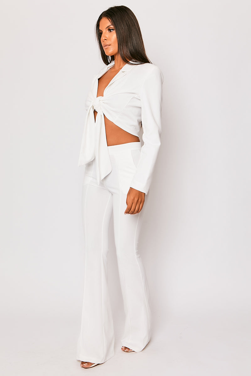 Blair - White Tailored Front Knotted Blazer & Bell Bottom Trouser Set