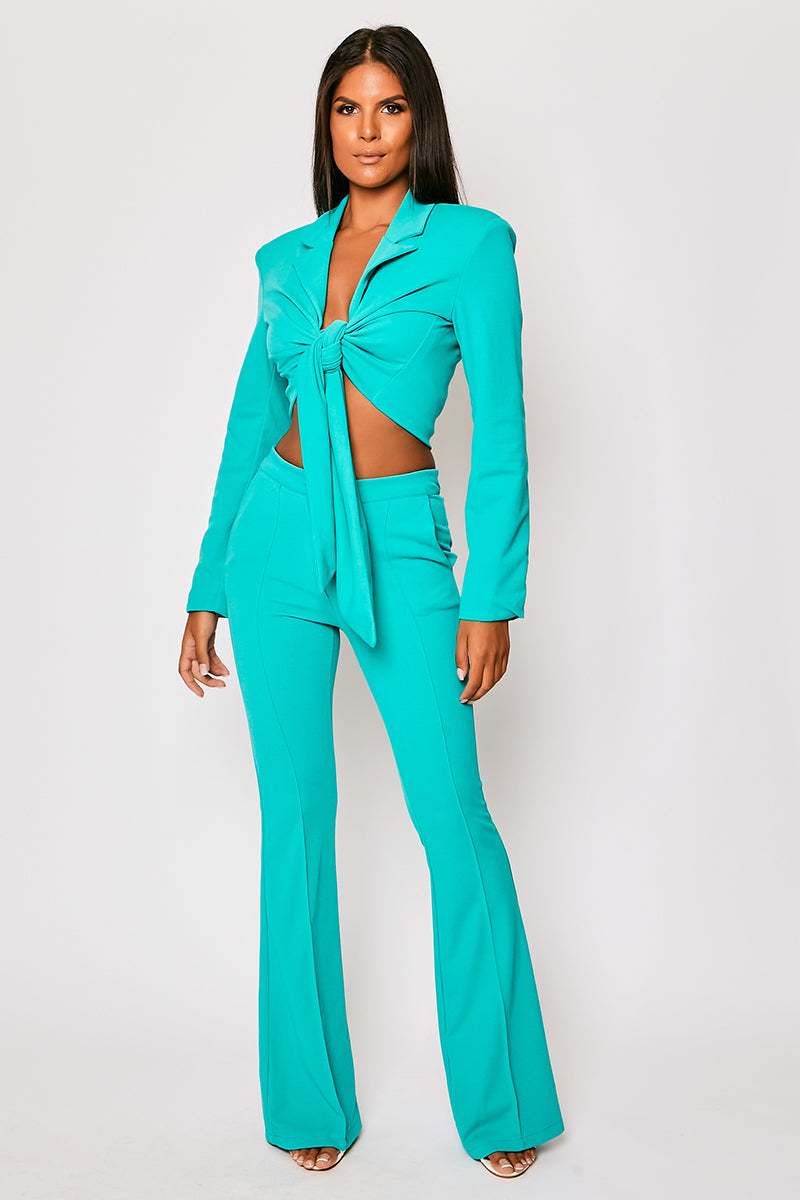 Blair - Turquoise Tailored Front Knotted Blazer & Bell Bottom Trouser Set