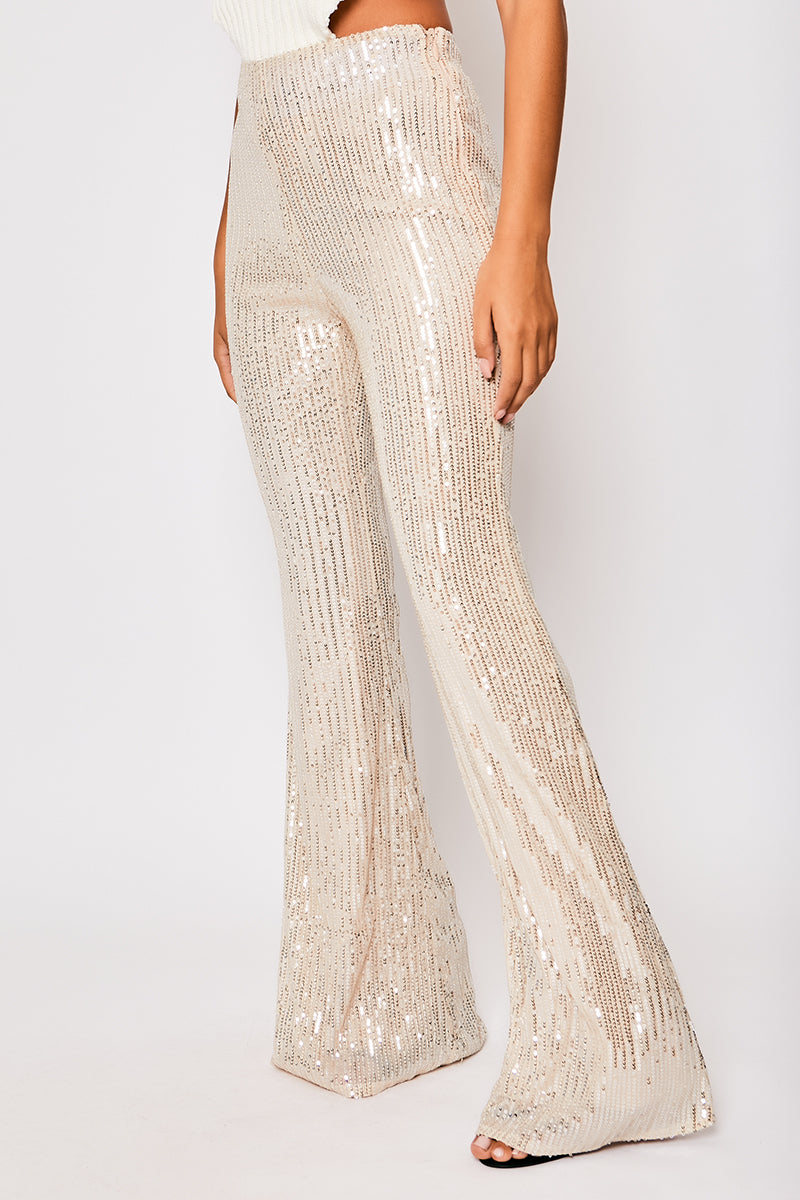 Reegan - Champagne Sequin High Waisted Flared Trousers