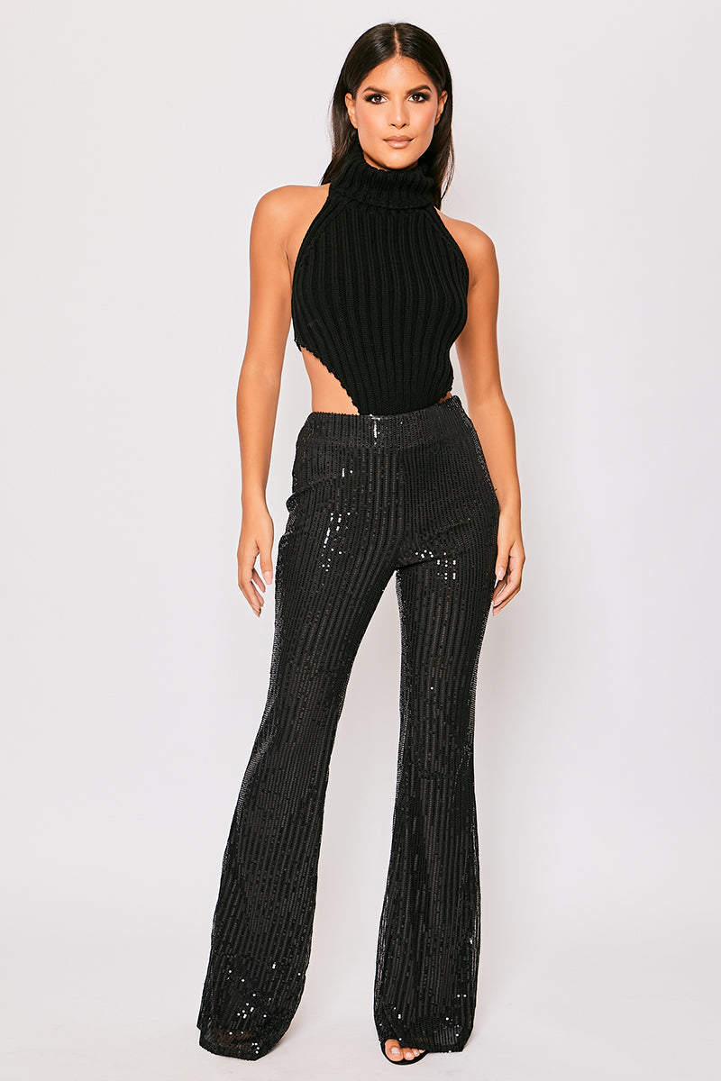 Reegan - Black Sequin High Waisted Flared Trousers