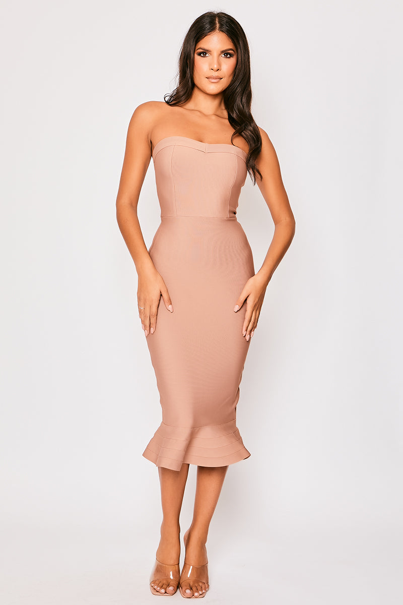 Pennie - Tan Strapless Fishtail Bandage Midi Dress