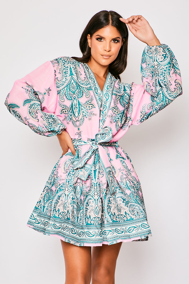 Marquis - Pink Paisley Belted Flare Mini Dress