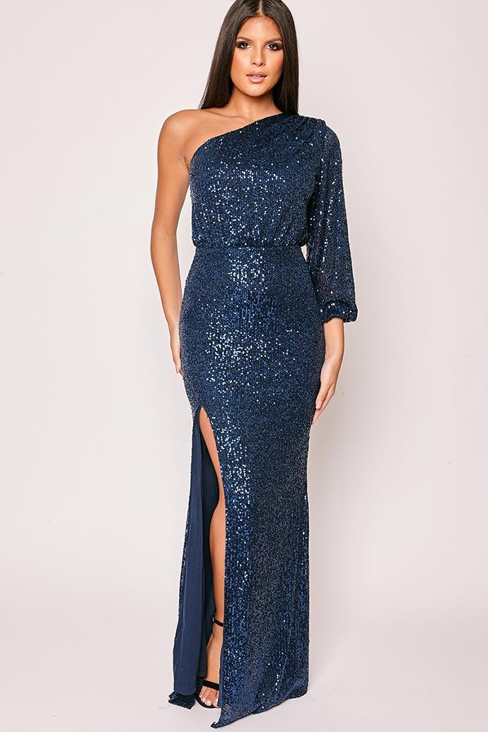 Neala - Navy Sequin One Shoulder Evening Gown