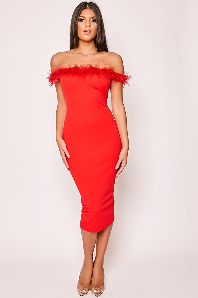 Analeigh - Red Off The Shoulder Feather Trim Bodycon Midi Dress