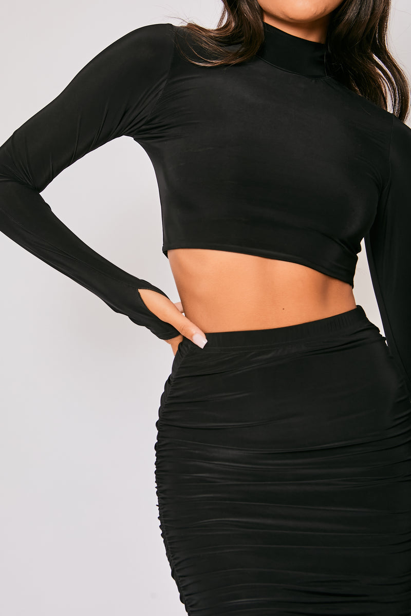 Sia - Black Long Sleeve Cropped Co-ord Set