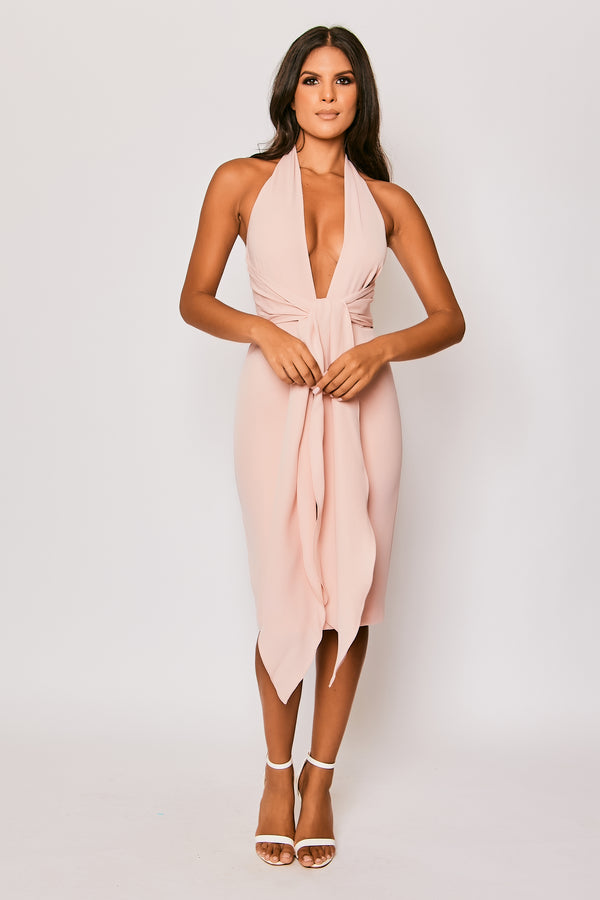 Briana - Pale Pink Halter-neck Backless Midi Dress